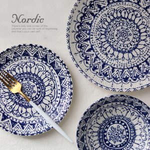 北歐藍系列手彩繪浮雕陶瓷盤【小盤】