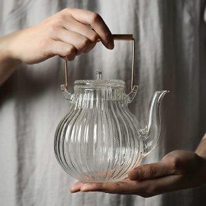 耐熱菊瓣玻璃提把茶壺