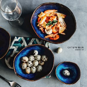 歐式陶瓷貓眼藍不規則碗