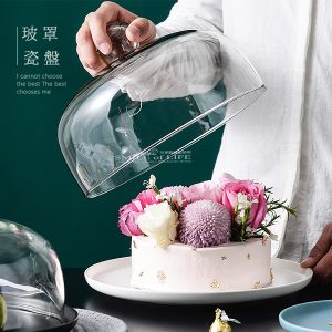 單色釉陶瓷盤玻璃蛋糕罩組
