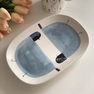 手繪鴨陶瓷盤/藍色窯變4.5吋碗